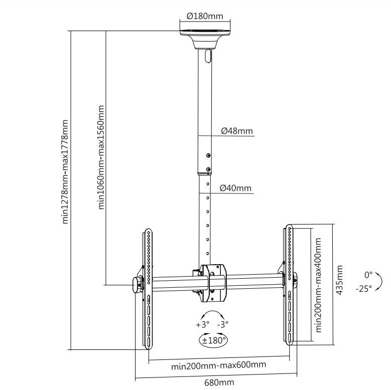 מתקן תקרתי טלסקופי לגודל מסך עד 70" דגם PLB-CE946-02L – תמונה 2