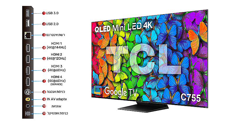 טלוויזיה חכמה 50 אינץ' TCL דגם 50C755 QLED Mini LED 4K | יבואן רשמי – תמונה 5