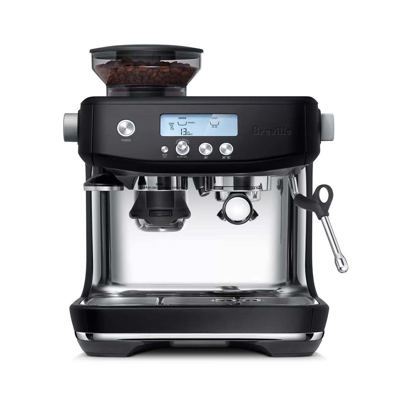 Breville Barista Pro BES878 – מכונת אספרסו ביתית עם מטחנה מובנית וחימום מיידי ThermoJet נירוסטה מושחרת | יבואן רשמי