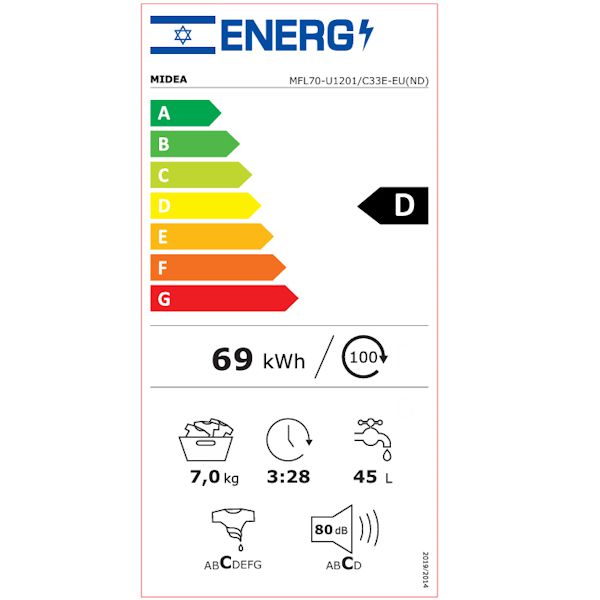 מכונת כביסה פתח קדמי 7 ק״ג Midea MFL70-U1201 עד 1200 סל״ד | חסכונית וחכמה | יבואן רשמי – תמונה 4