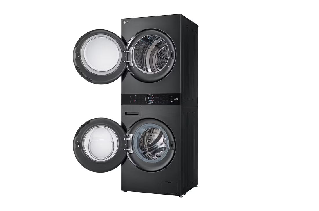 LG WT40 – מכונת כביסה 12 ק״ג + מייבש 10 ק״ג במגדל שחור יוקרתי