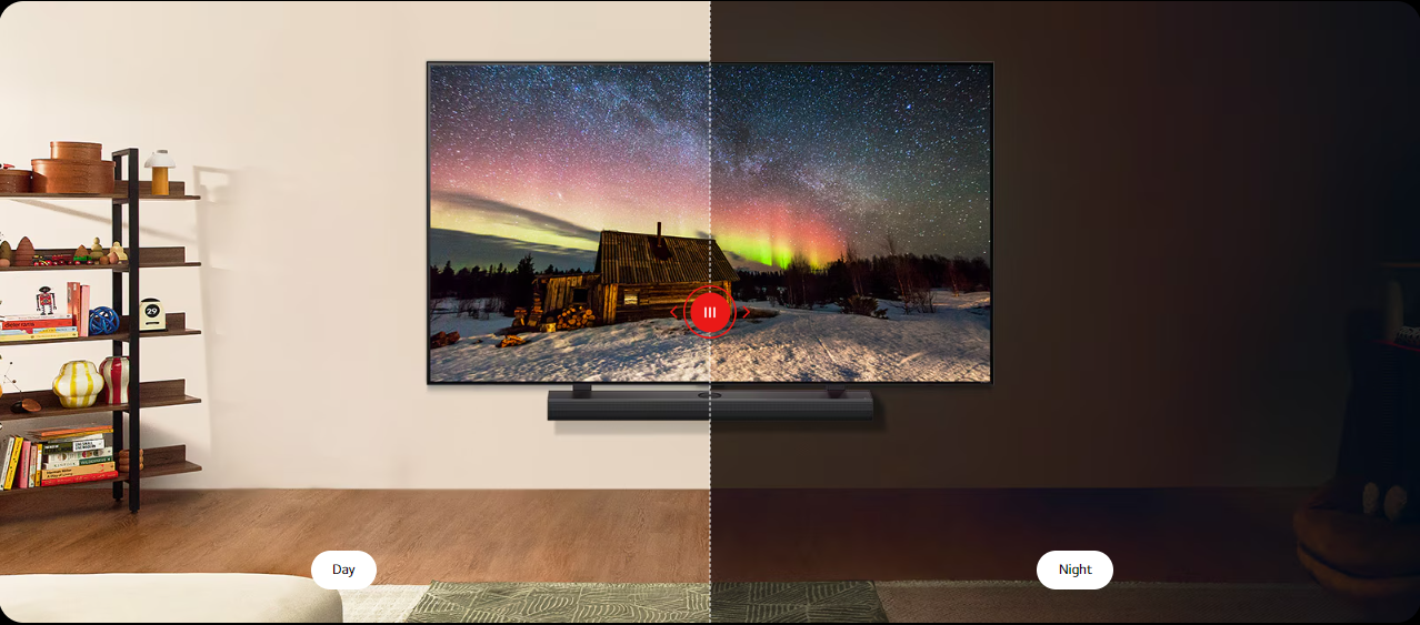 טלוויזיית LG NanoCell 86 אינץ' 4K HDR - חוויית צפייה מדהימה בכל תאורה תמונה זו מציגה טלוויזיית LG NanoCell 4K 86 אינץ' NANO81T6A דלוקה, המציגה תמונת נוף מרהיבה. הטלוויזיה מונחת על ארון טלוויזיה בסלון מודרנ