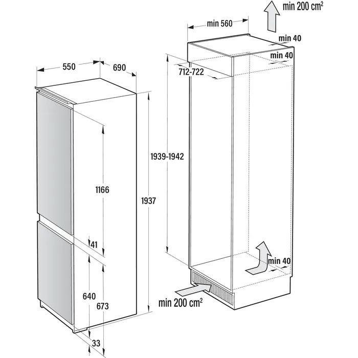 מקרר אינטגרלי 2 דלתות Gorenje NRKI619EA3 גורניה עם מקפיא תחתון בנפח 341 ליטר No Frost אינוורטר יבואן רשמי