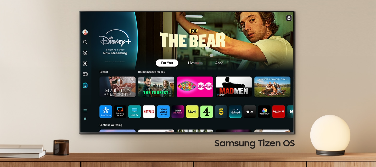 Samsung QE75Q80D Tizen Smart TV מערכת Tizen Smart TV בטלוויזיה Samsung QE75Q80D עם אפליקציות סטרימינג ושליטה חכמה