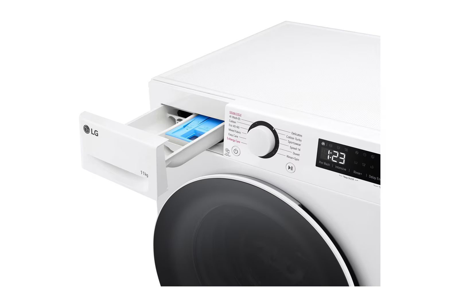 LG WF11114WBW: מכונת כביסה 11 ק"ג עם AI DD™, קיטור ודירוג A-10% אנרגטי | יבואן רשמי