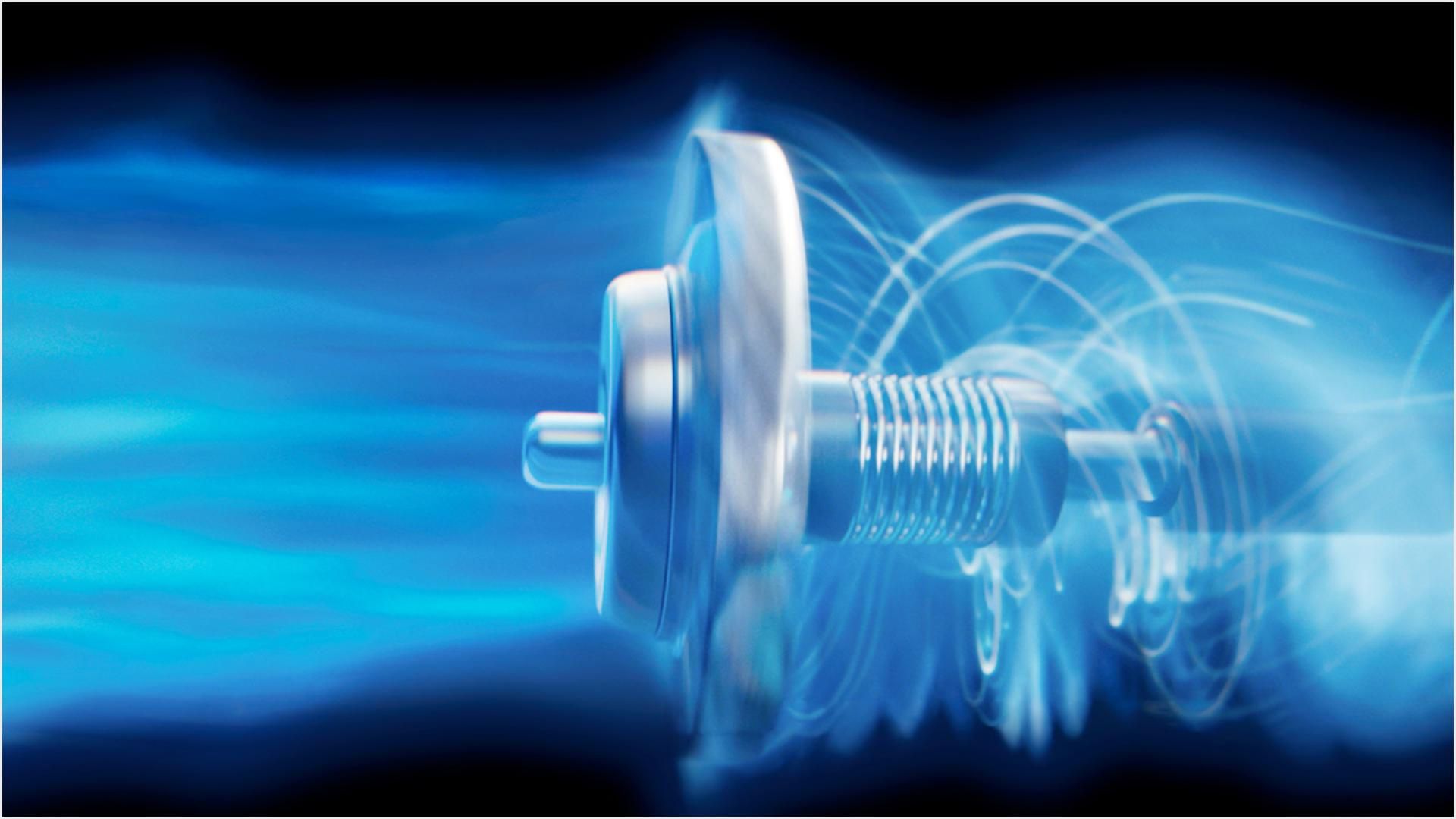 מבט מהצד של מנוע ה-Hyperdymium, עם זרימת אוויר מוצגת בכחול.