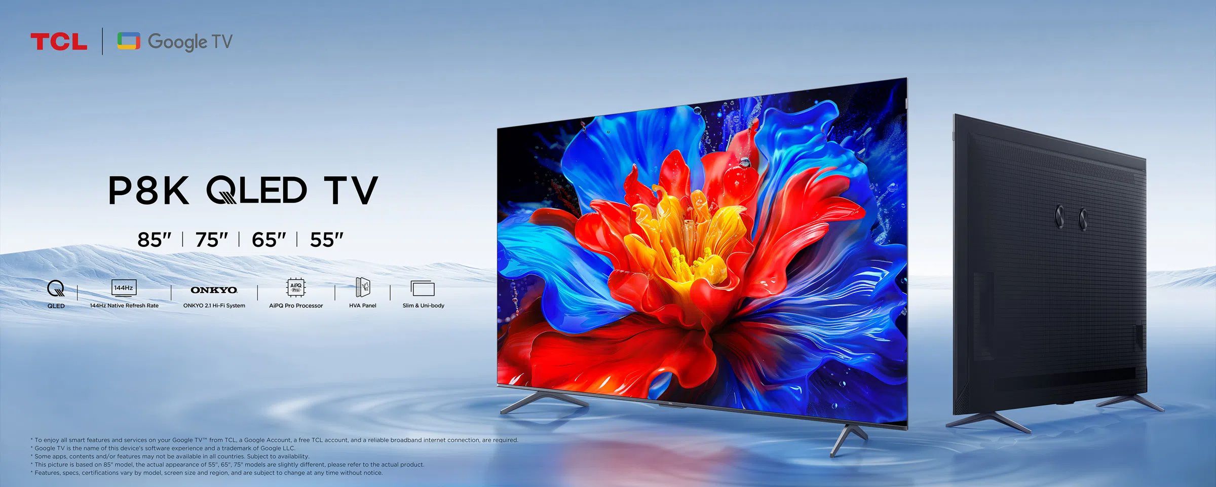 טלוויזיית TCL חכמה 65 אינץ' דגם 65P8K עם מסך QLED 4K, Google TV וסאונד ONKYO