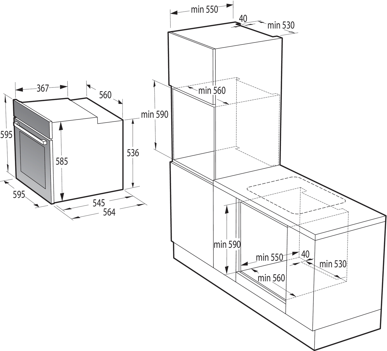 תמונה של מידות של תנור בנוי GORENJE BOS6737CLB