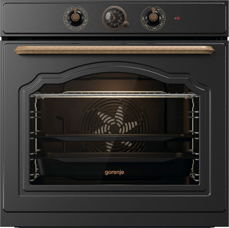 תמונה של תנור בנוי GORENJE בעיצוב רטרו שחור BOS6737CLB מביא טכנולוגיה מתקדמת ועיצוב קלאסי למטבח.  עם סט תכונות מרשים כולל AirFry, AquaClean לניקוי קל, ותכניות אפייה מתקדמות. נפח גדול של 77 ליטר,