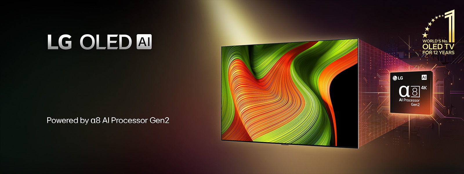 על מסך טלוויזיית LG OLED AI יש תמונה מופשטת עם פרטים, צבעים וניגוד מרשימים. מאחורי הטלוויזיה עומדת גרסה מוגדלת של מעבד alpha 8 AI Gen2. הוא זוהר באור המאיר את מעגלי המיקרו-שבבים סביבו. מופיעה הכותרת LG OLED AI. הכיתוב גם גלוי והוא מופעל ע