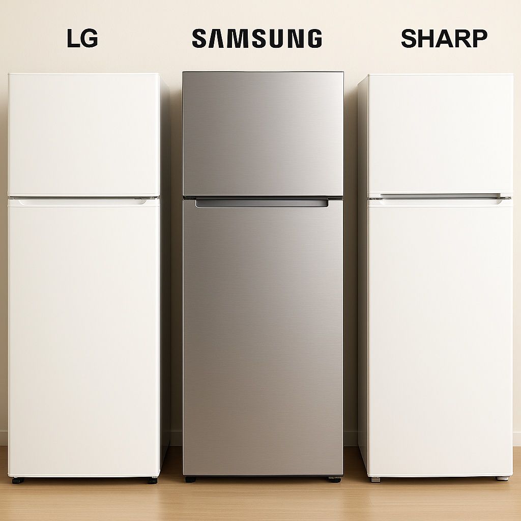 השוואה בין מקררי מקפיא עליון של LG, SAMSUNG ו‑SHARP – תצוגה חזיתית של שלושה דגמים במראה מודרני, כולל גימור נירוסטה ולבן השוואה בין מקררי מקפיא עליון של LG, SAMSUNG ו‑SHARP – תצוגה חזיתית של שלושה דגמים במראה מודרני, כולל גימור נירוסטה ולבן